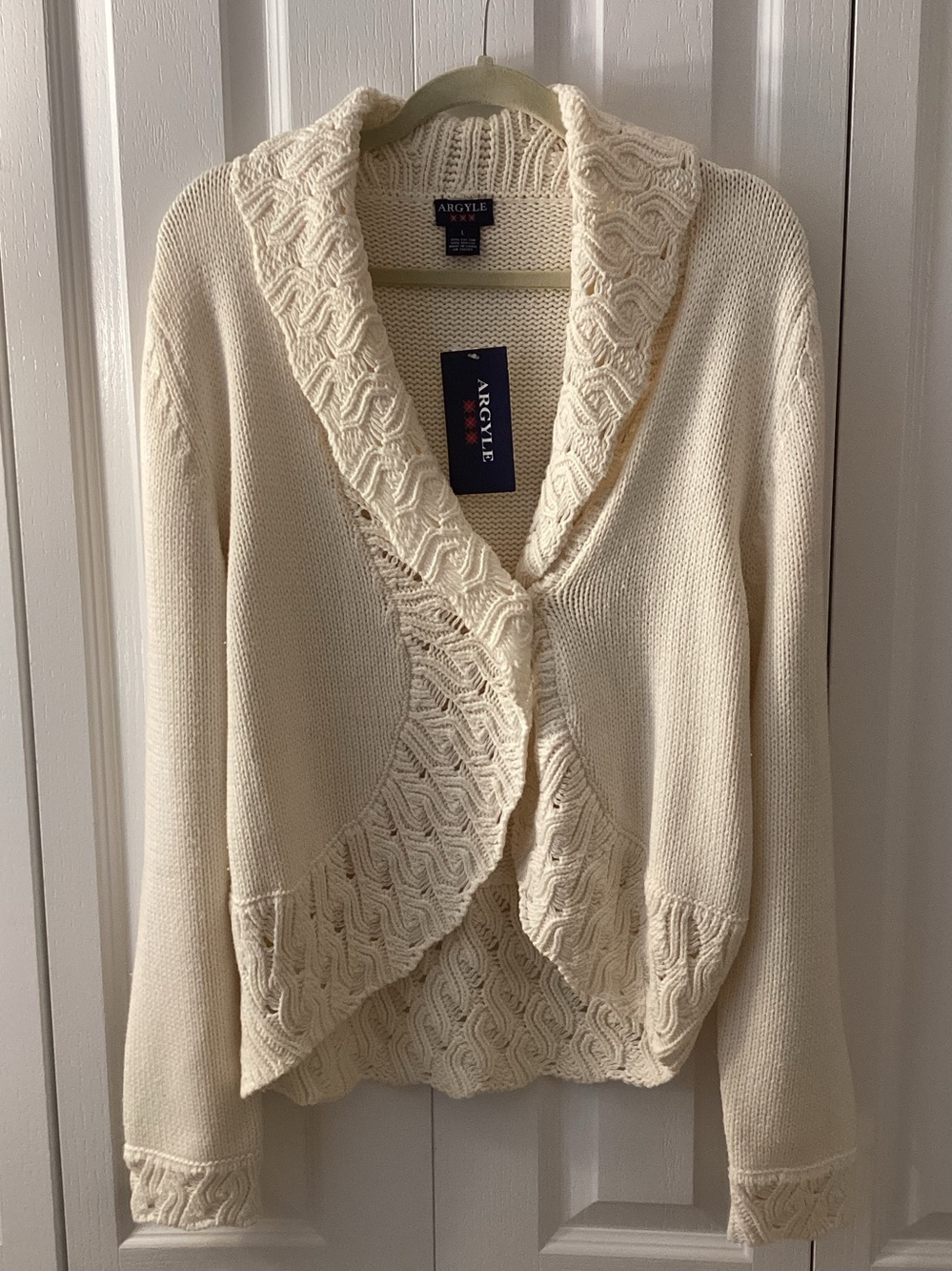 NWT ARGYLE Womens Cream Shawl Collared Cardigan Sweater Sz L